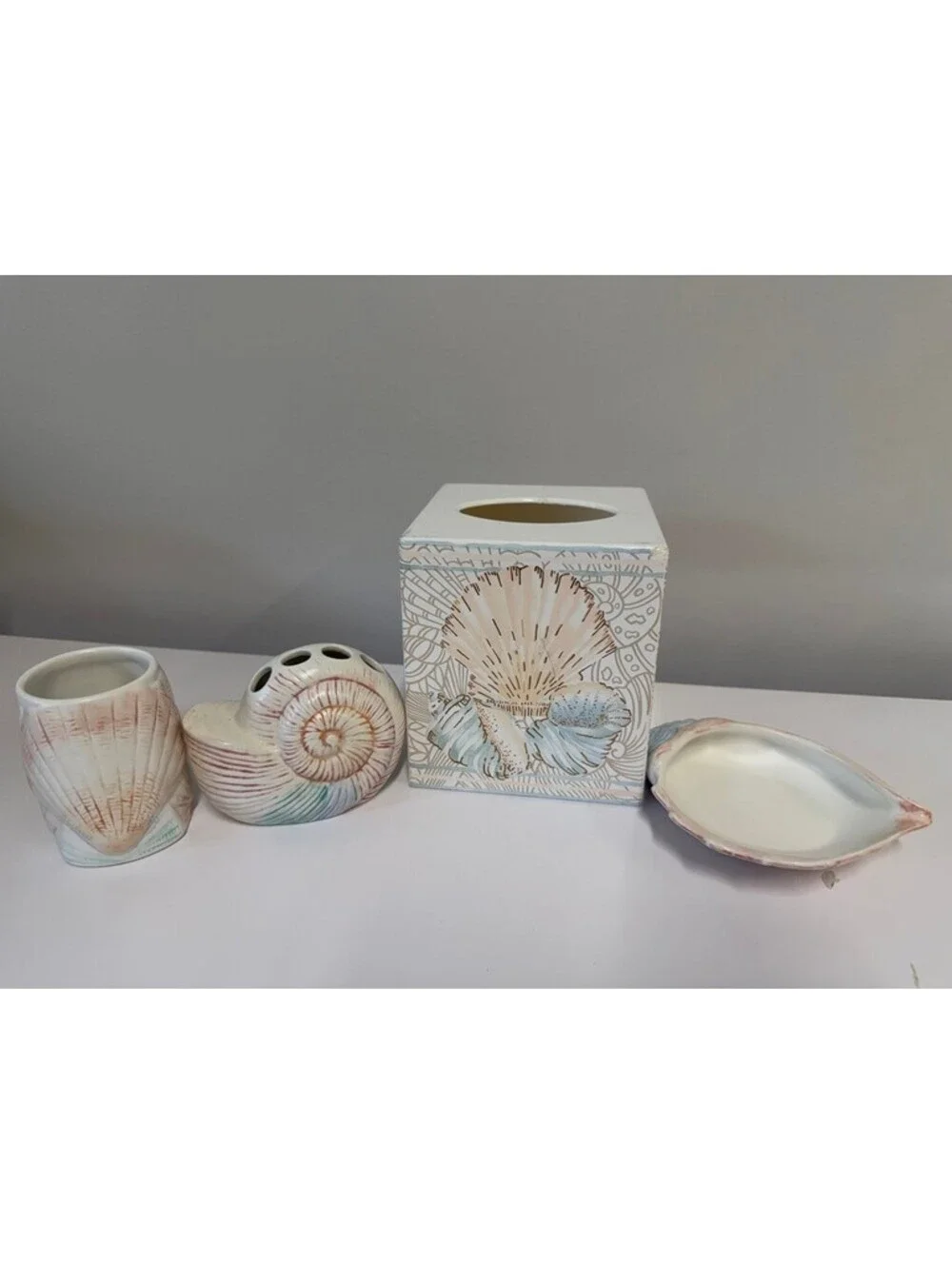 Ceramic Seashell Bathroom Accessory Set - Toothbrush, Soap Dish, Cup, Tissue box